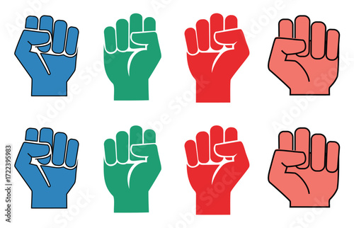 Raised fist icons set in different styles, a symbol of protest, power, solidarity, resistance, revolution, and unity