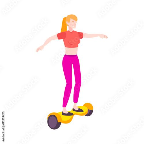 Woman in pink outfit balancing and riding on a yellow hoverboard