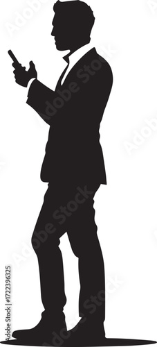 A black and white silhouette of a man in a suit, holding a smartphone, against a plain white background.