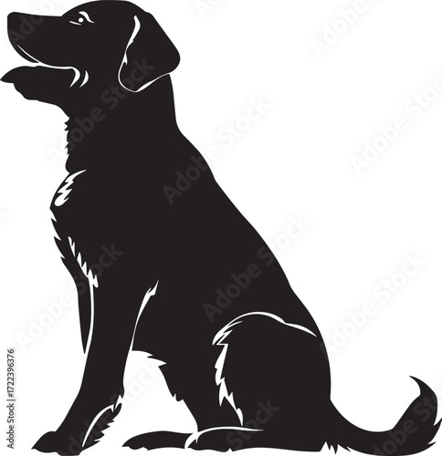 A black and white silhouette of a dog sitting on a white background.