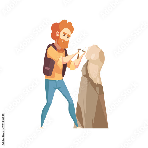 Artist sculpting a statue with tools, vector illustration