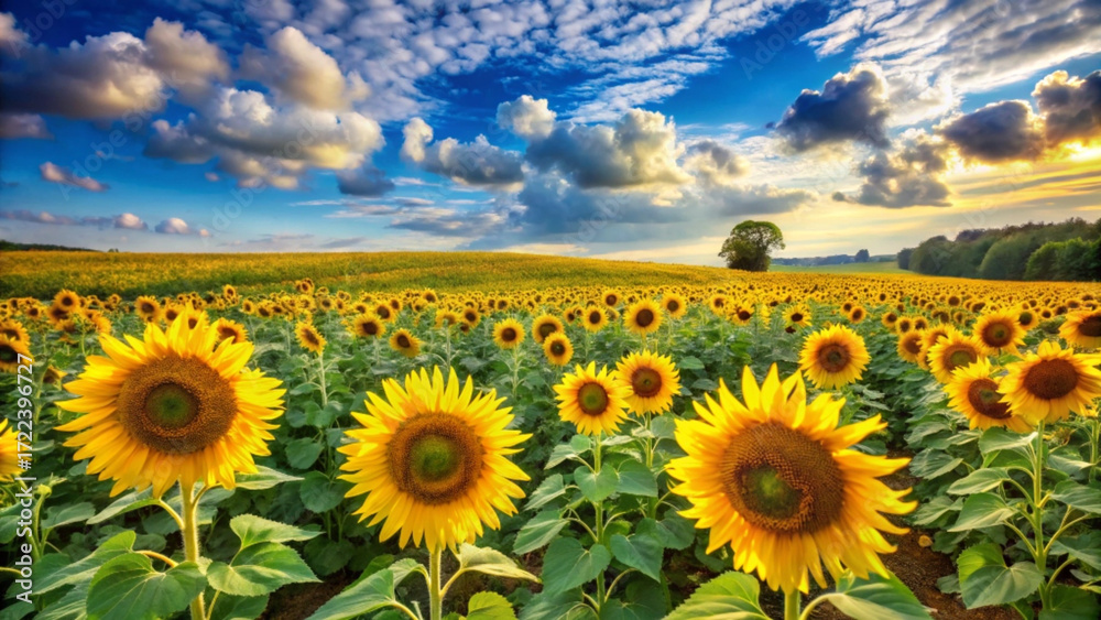 Obraz premium Vibrant sunflower field stretches towards a beautiful blue sky with fluffy clouds