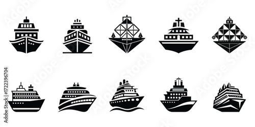 Black Silhouette Cruise Ship Icon Set Passenger, Marine, Nautical Vector Illustrations