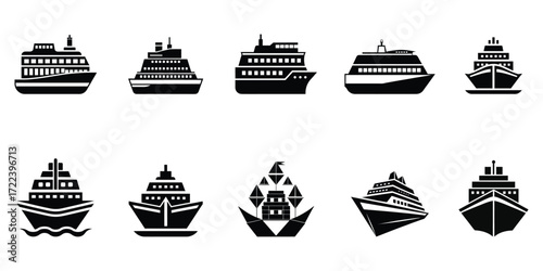 Black Silhouette Ship Icon Set Cruise, Ferry, Marine, Nautical Vector Illustrations