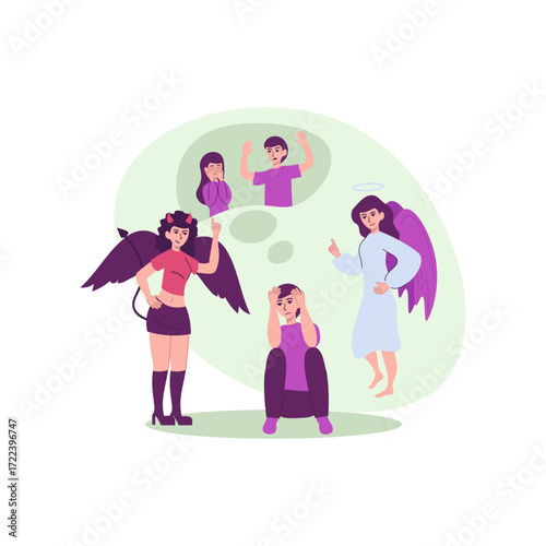 The timeless concept of a moral dilemma, with a person torn between an angel's conscience and a devil's temptation