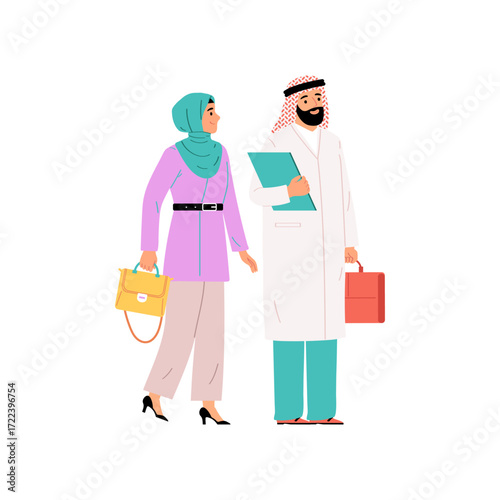 Two diverse medical professionals in traditional attire, a man and a woman, carrying briefcases