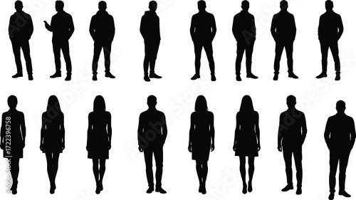 Business people silhouette collection, standing men, standing women, group pose, teamwork, office staff, professional vector, corporate fashion illustration, design