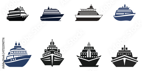 Black Silhouette Cruise Ship Icon Set Passenger, Marine, Nautical, Travel Vector Illustrations