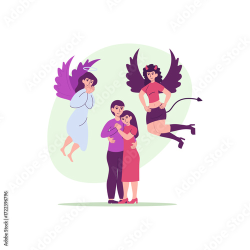 Couple's Decision Choosing Between Angelic Guidance and a Tempting Devilish Path