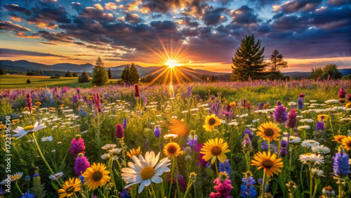 Vibrant wildflower meadow basks in the golden light of a beautiful sunset