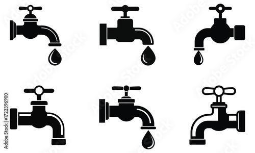 Black Silhouette Water Tap with Drop Icon Set Faucet, Plumbing, Hygiene Vector Illustrations
