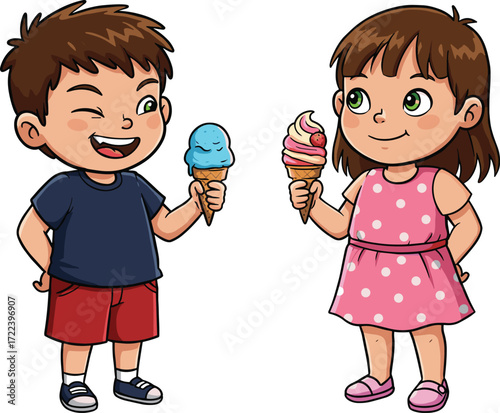 Cartoon boy and girl eating colorful ice cream, happy children illustration, summer dessert cones, cute kids enjoying sweet frozen treat