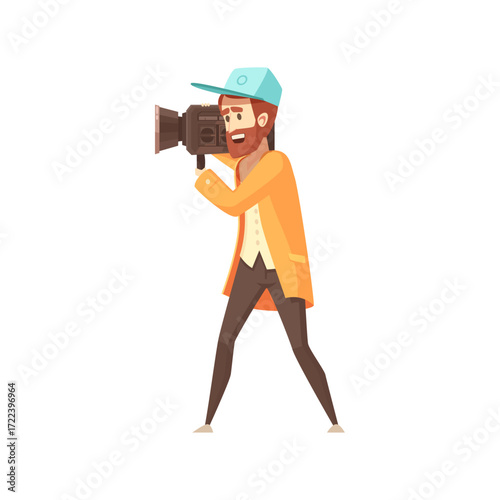 Bearded cameraman character with a vintage video camera filming a creative project on a white background