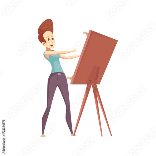 Creative female artist enthusiastically painting on a large easel in a well-lit studio environment