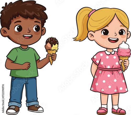 Cartoon boy and girl eating ice cream, kids enjoying dessert illustration, happy childhood moment, sweet food treat, summer fun activity
