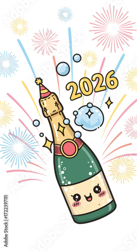 Champagne bottle with 2026 and fireworks illustration for New Year's Eve celebrations