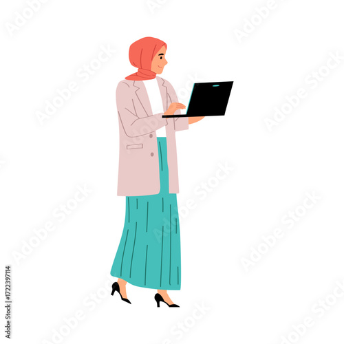 Muslim Woman in Hijab Working on Laptop, Modern Businesswoman