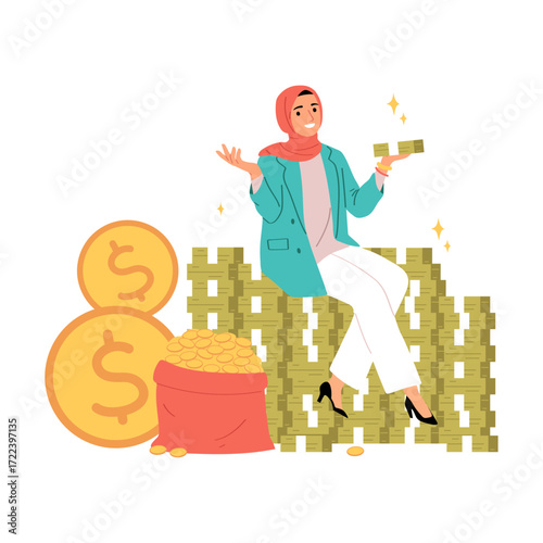 Happy Muslim businesswoman in a hijab sitting on a huge pile of money celebrating her financial success