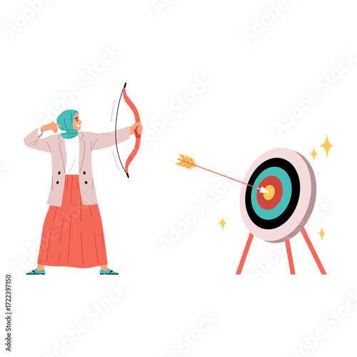 Muslim woman in hijab aiming a bow and arrow at a target with an arrow hitting the bullseye