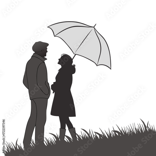 Couple silhouettes sharing an umbrella on a grassy hillside in the rain