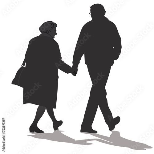 Elderly couple holding hands walking together with shadows on a white background representing love and companionship