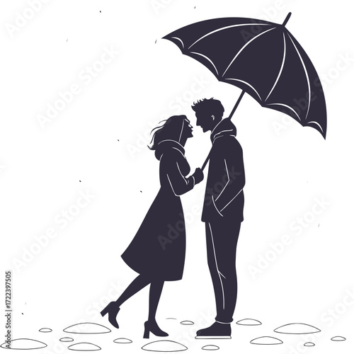 Romantic couple silhouettes sharing an umbrella under the rain with puddles on the ground