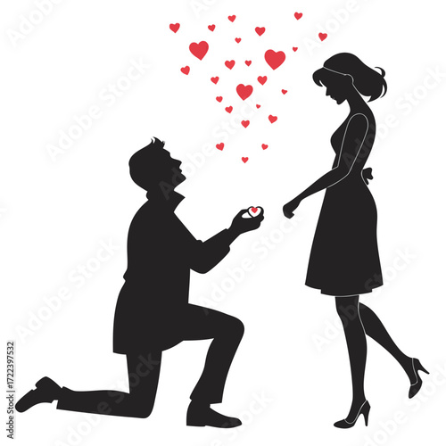Silhouette of a man on one knee proposing to a woman with a ring and hearts floating above them