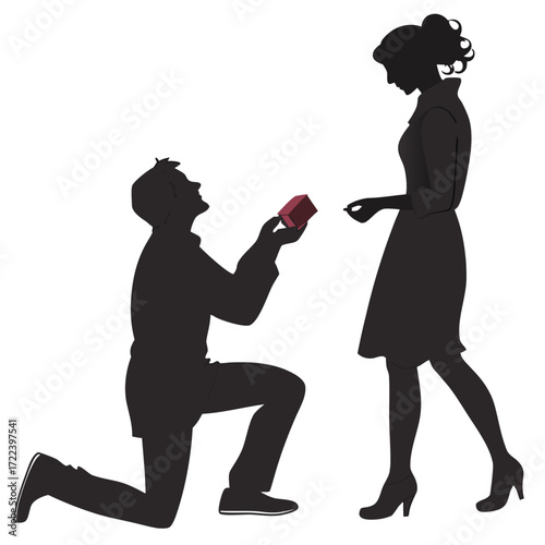 Silhouette of a man on one knee proposing to a woman with a ring box in his hand against a white background