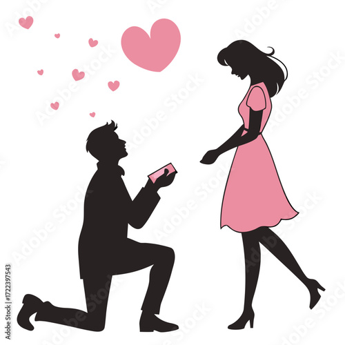 Silhouette of a man proposing marriage to a woman with a ring box and pink hearts floating around them