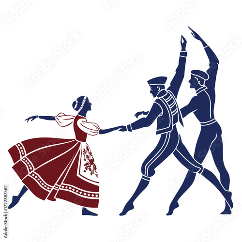 Silhouettes of a female ballet dancer in traditional attire and two male dancers in classic costumes performing a dance routine