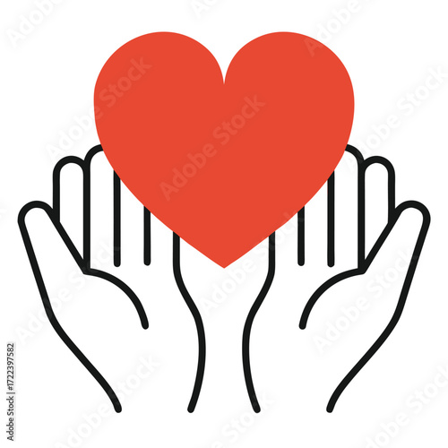 Hands gently cradling a bright red heart symbolizing care and affection