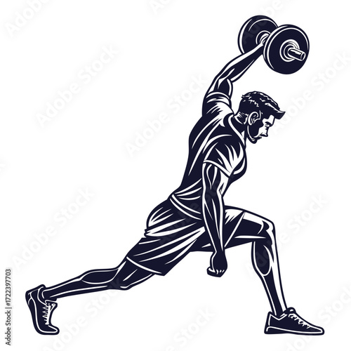 Dynamic silhouette of a muscular man performing a dumbbell overhead press exercise in a lunge position