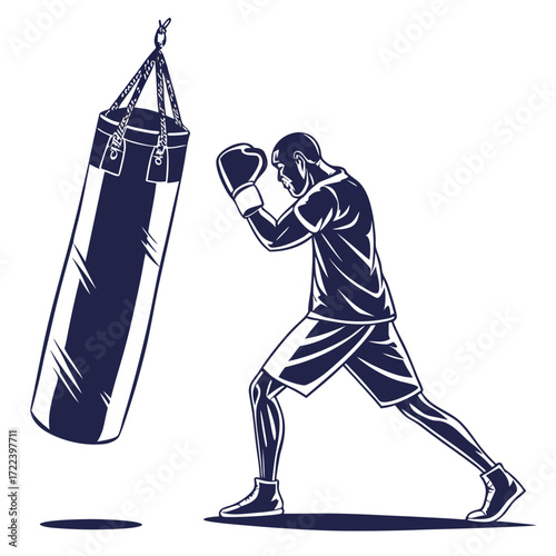 Dynamic illustration of a male boxer training with a heavy punching bag in a stylized dark blue silhouette against a white background