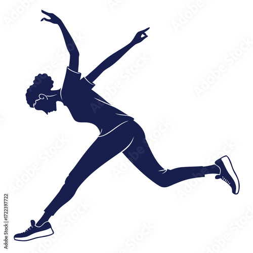 Dynamic silhouette of a woman in athletic wear performing a graceful dance move with arms extended