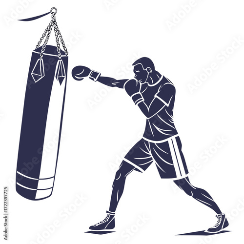 Dynamic silhouette of a male boxer in action punching a heavy training bag during a workout session