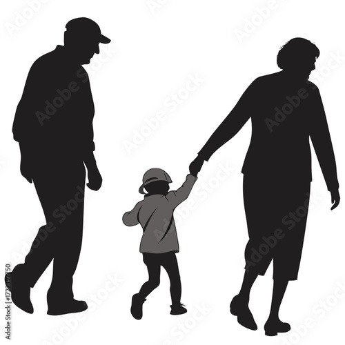 Generations walking together a grandfather grandmother and child holding hands on a white background