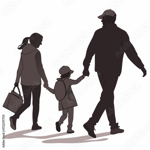 Family walking together holding hands with father leading daughter and mother following behind with shopping bag