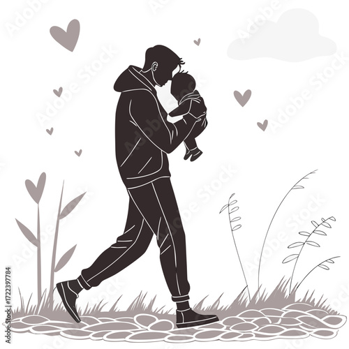 Loving father holding his baby tenderly while walking outdoors with hearts floating around symbolizing love and family bond