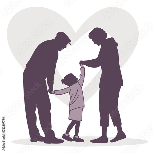 Loving grandparents holding hands with their young granddaughter in front of a large heart symbol