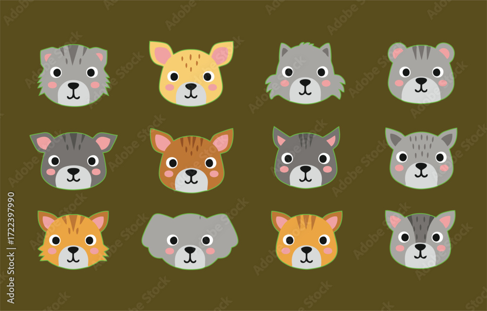 Obraz premium Set of Cute Animal Face Illustrations for Kids Media
