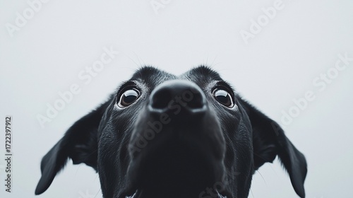 Curious black dog's face, looking upward