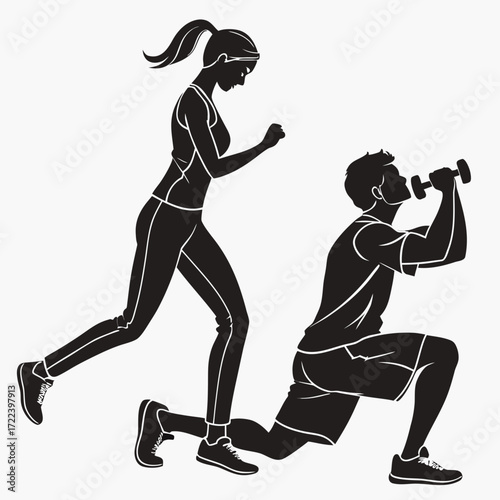 Silhouette of a man performing a dumbbell lunge exercise and a woman in a running pose side by side