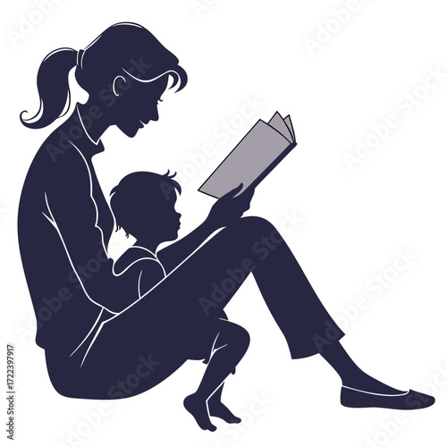 Silhouette of a mother and child sitting together reading a book in a cozy and loving moment