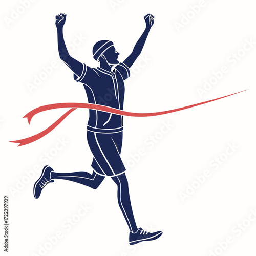 Silhouette of a triumphant runner breaking through the finish line ribbon with arms raised in victory celebration