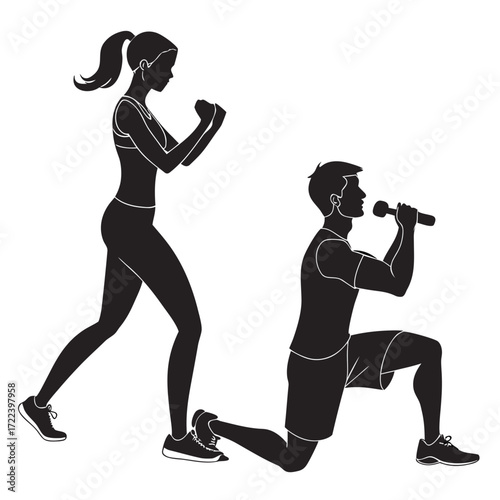 Silhouette of a woman in a fighting stance next to a man performing a lunge exercise while holding a microphone