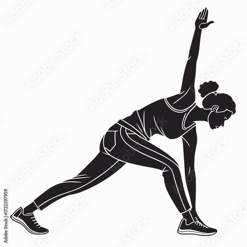 Silhouette of a woman in yoga pose performing a revolved triangle pose emphasizing flexibility and strength