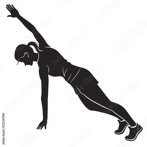 Silhouette of a woman performing a side plank exercise demonstrating core strength and fitness in a dynamic pose