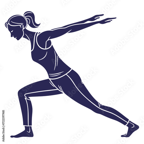 Silhouette of a woman in a warrior pose demonstrating strength and flexibility in a yoga or fitness context