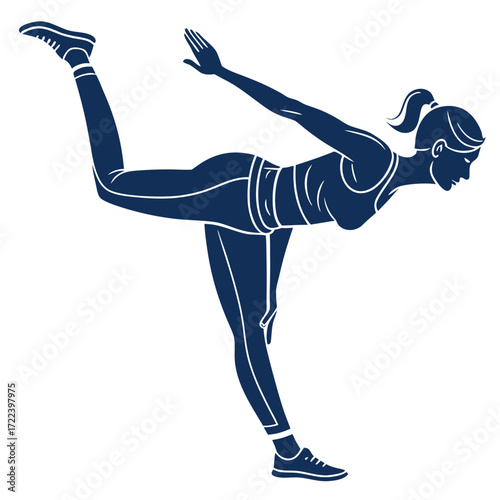 Silhouette of a woman performing a yoga pose or athletic stretch with one leg extended backward and arms outstretched for balance
