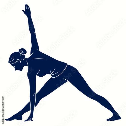Silhouette of a woman performing the triangle pose in yoga emphasizing flexibility and balance in a deep stretch